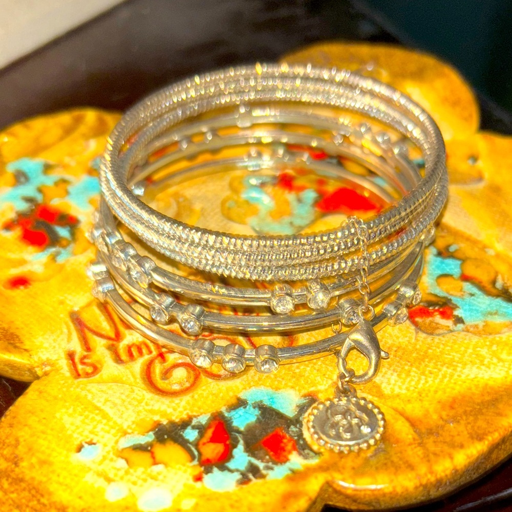 Jessica Simpson bangle bracelets, set of six silver and crystal/rhinestones